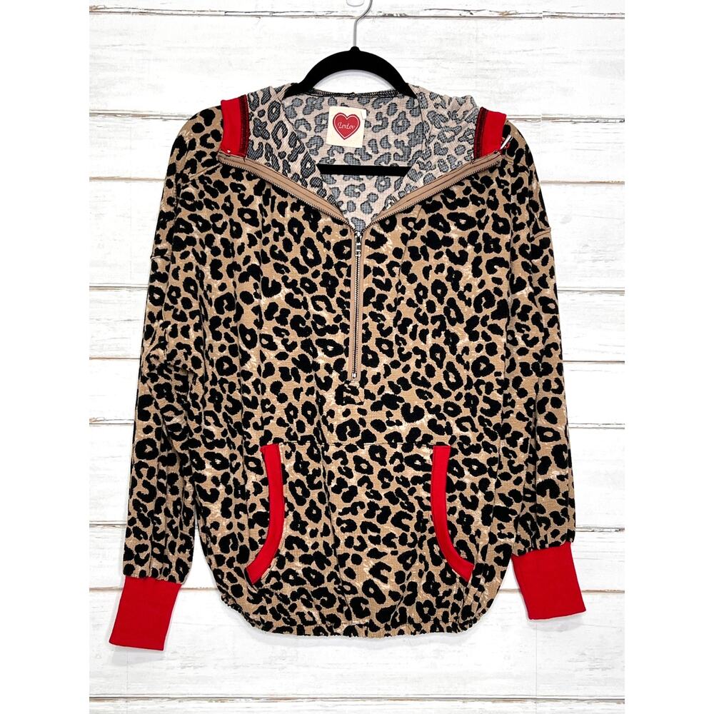 LovLov Leopard Print Quarter Zip Hoodie Red Trim Size Small